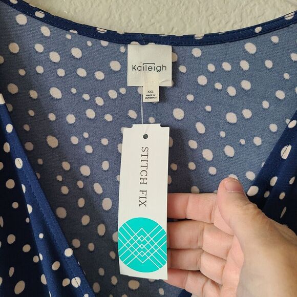 Wrap Polka Dot Short Woman Dress XXL NEW 90s Retro Stretch Blue‎ White Career - Picture 7 of 12